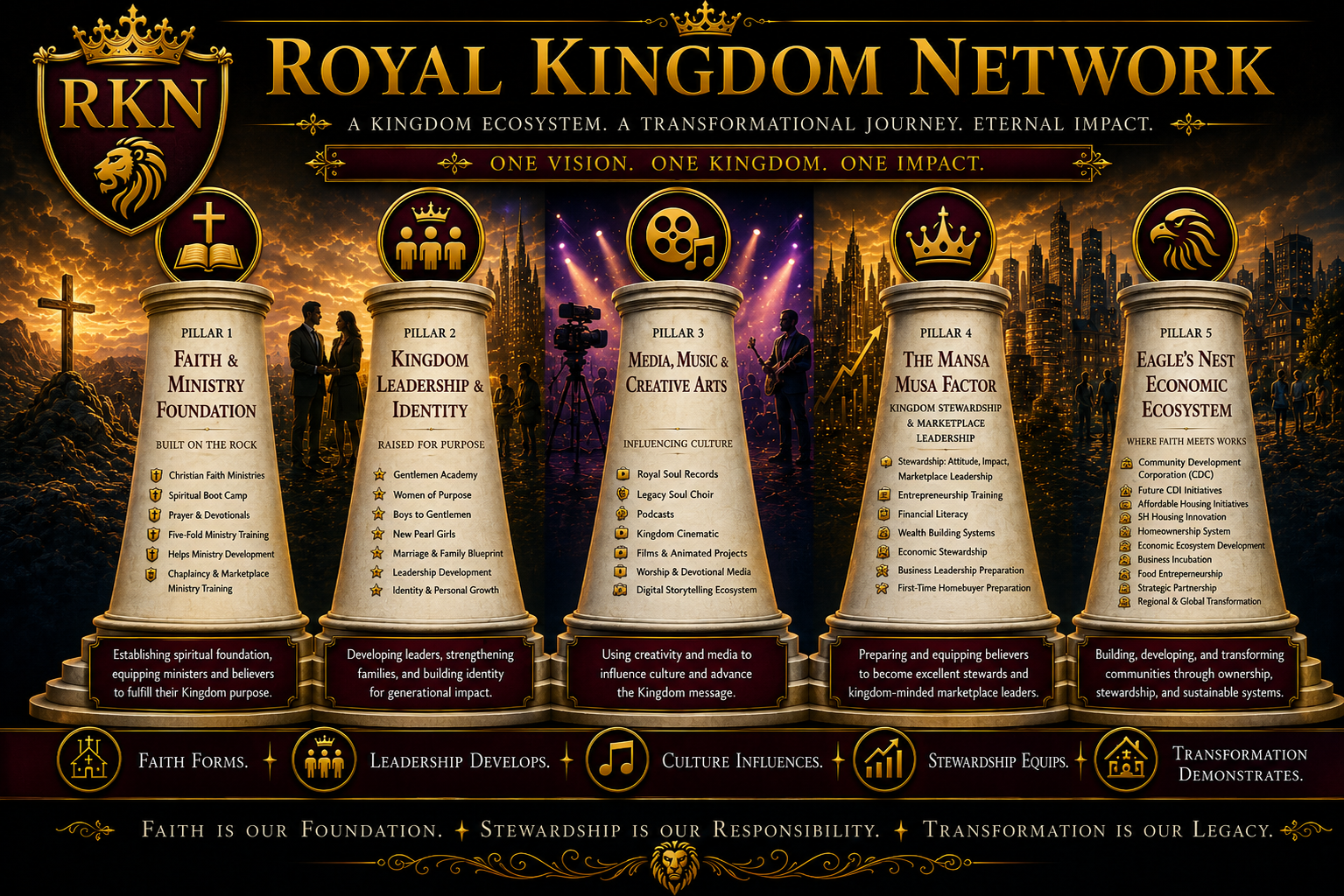 Royal Kingdom Network Five Pillars blueprint banner — Faith, Leadership, Media, Stewardship, Transformation